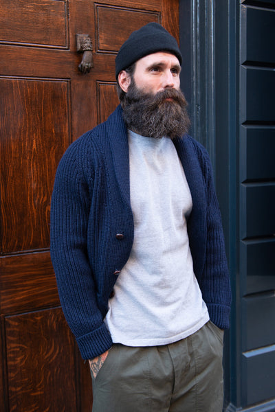 Men's Blue Shawl Neck Wool Cardigan