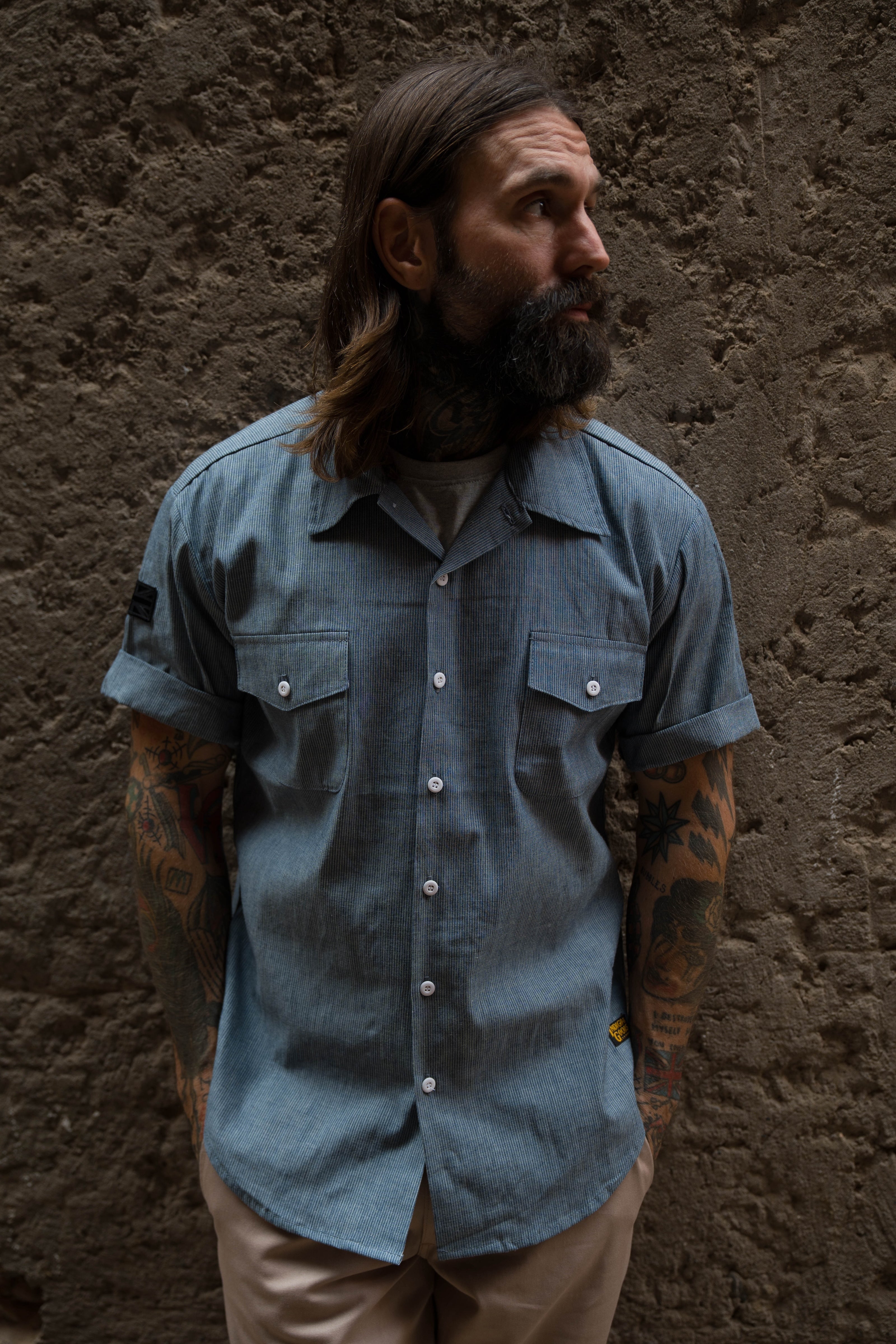 English Prison Patch Shirt - Indigo Stripe