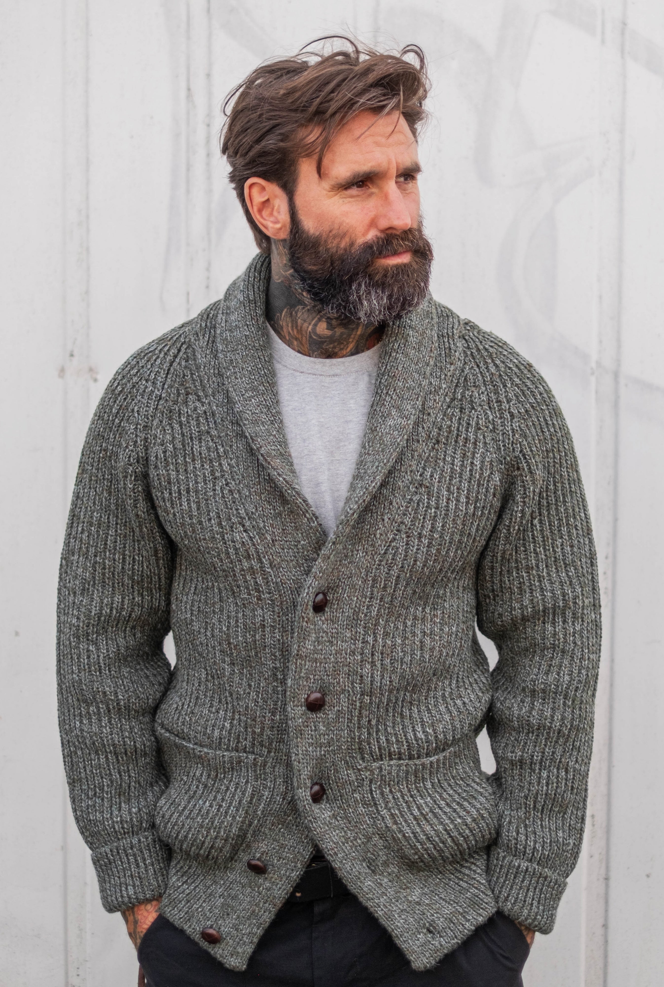 Shawl Collar Cardigan - Green Mix
