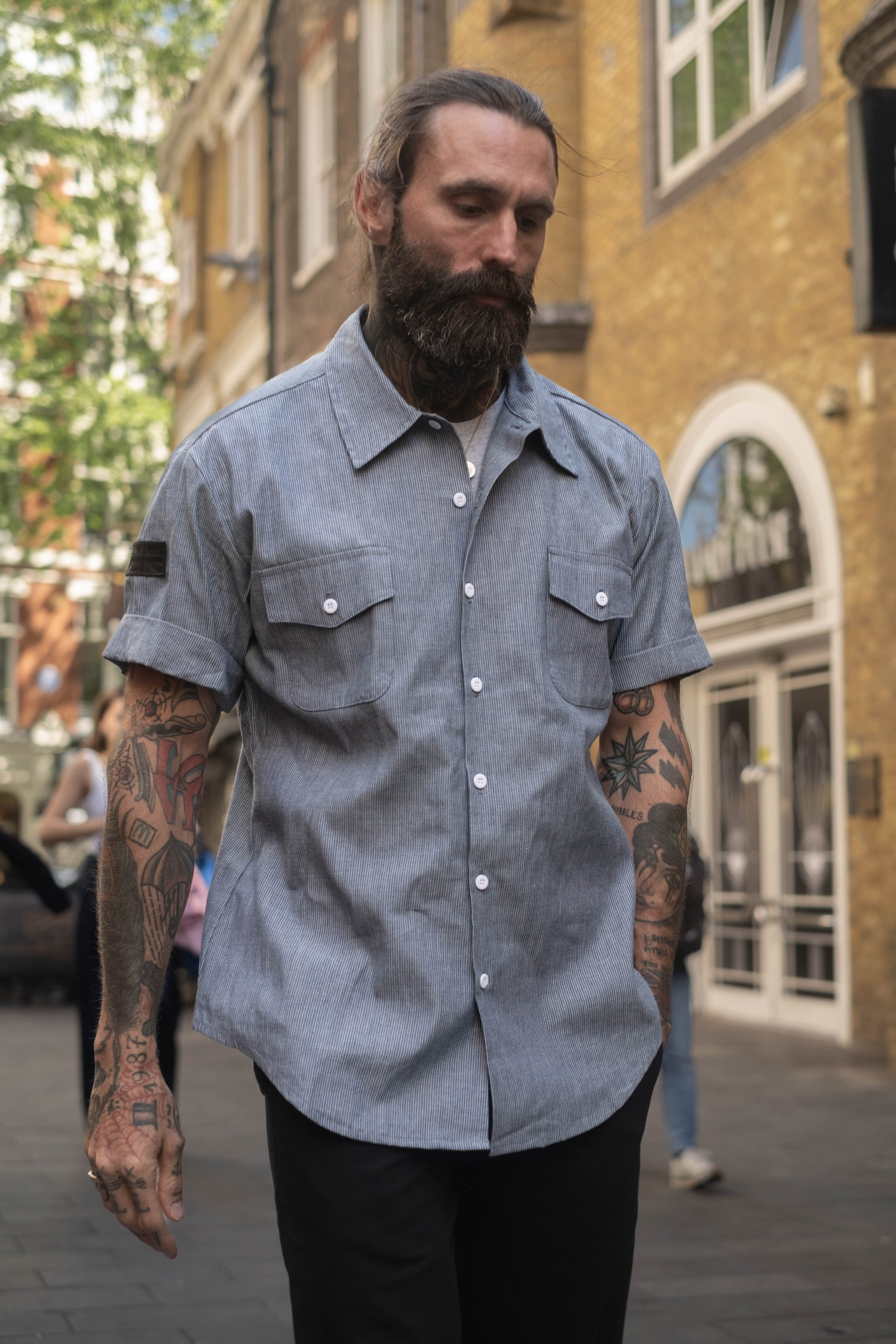 English Prison Patch Shirt - Indigo Stripe