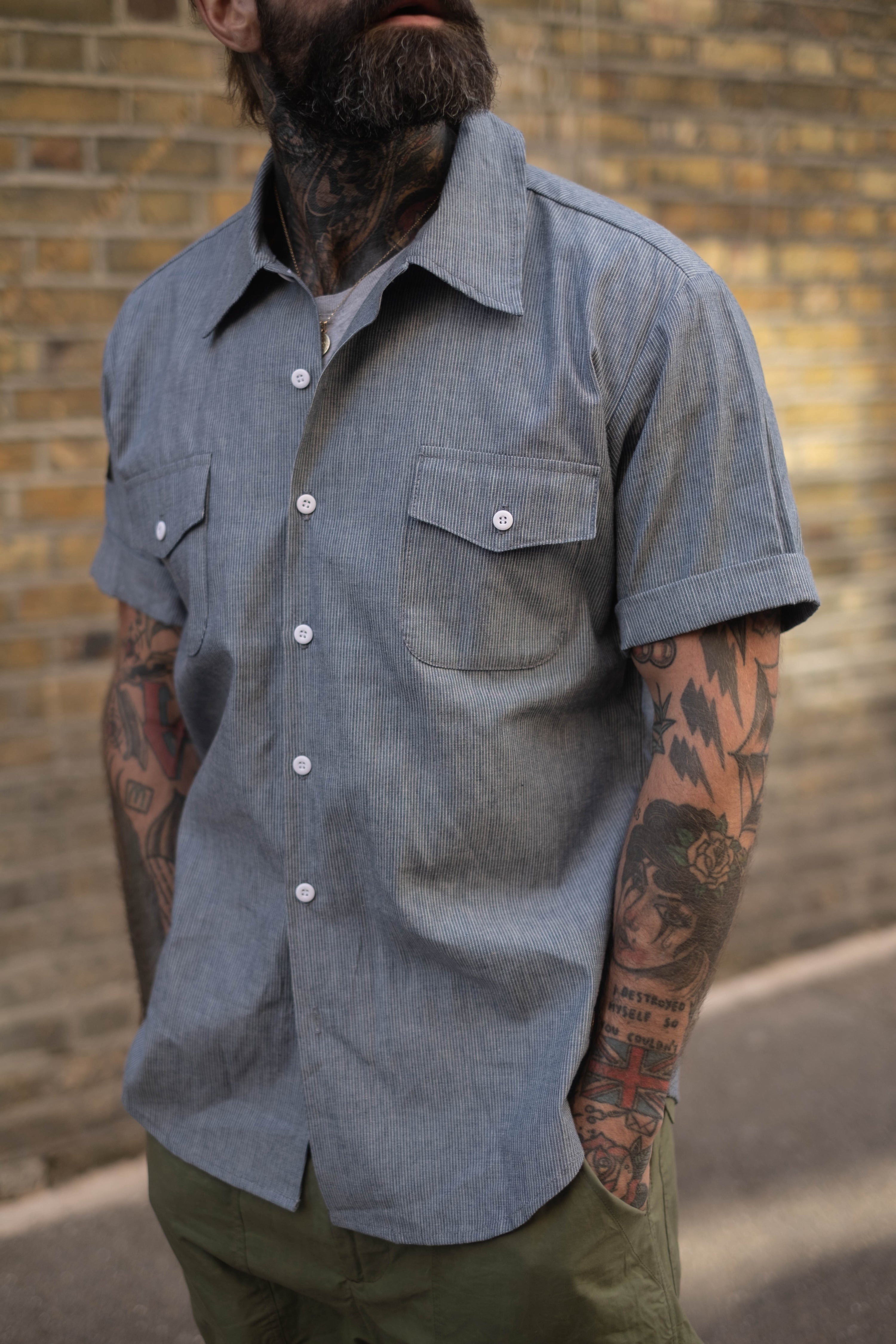English Prison Patch Shirt - Indigo Stripe