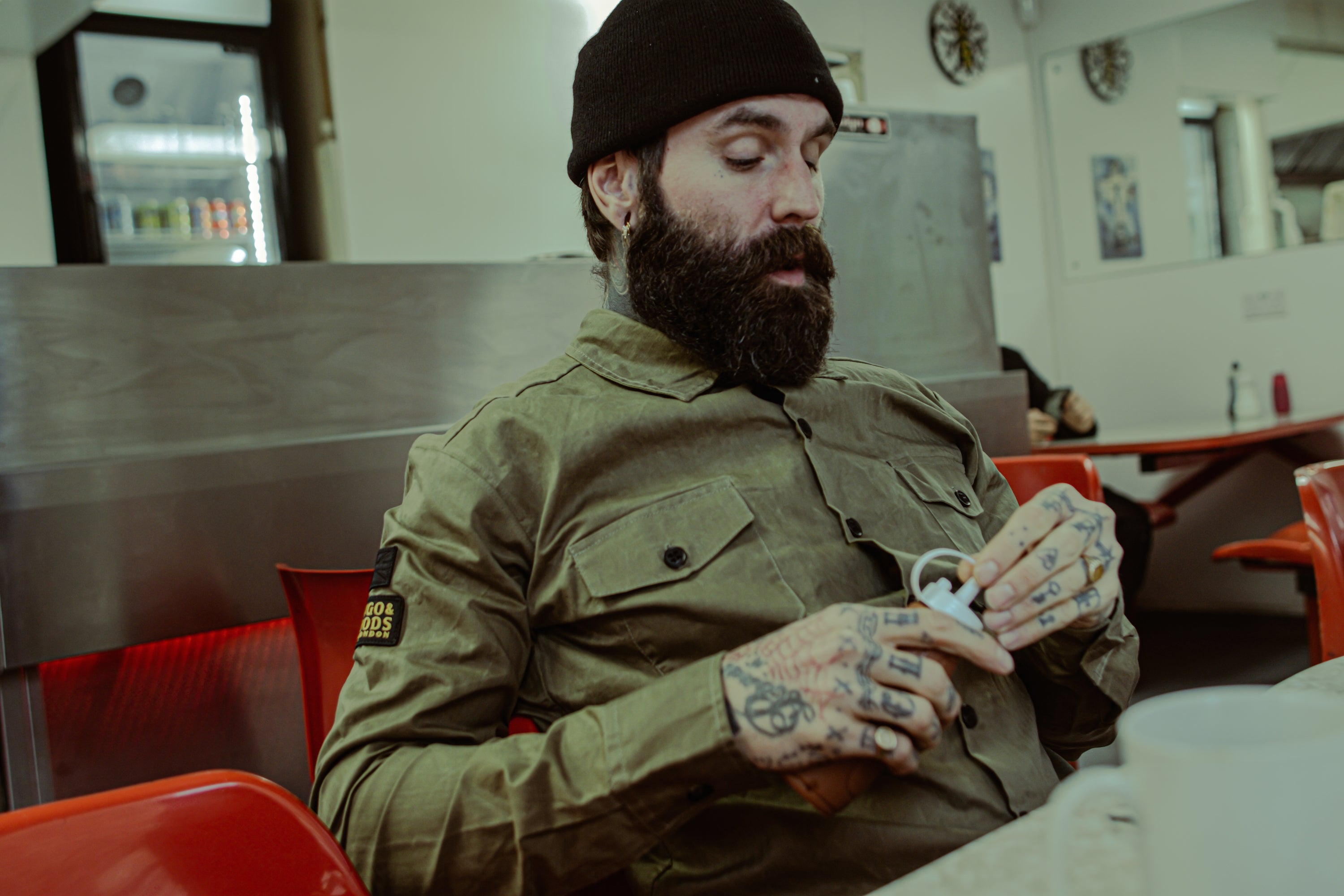 English Prison Patch Long Sleeve shirt - Light Olive herringbone