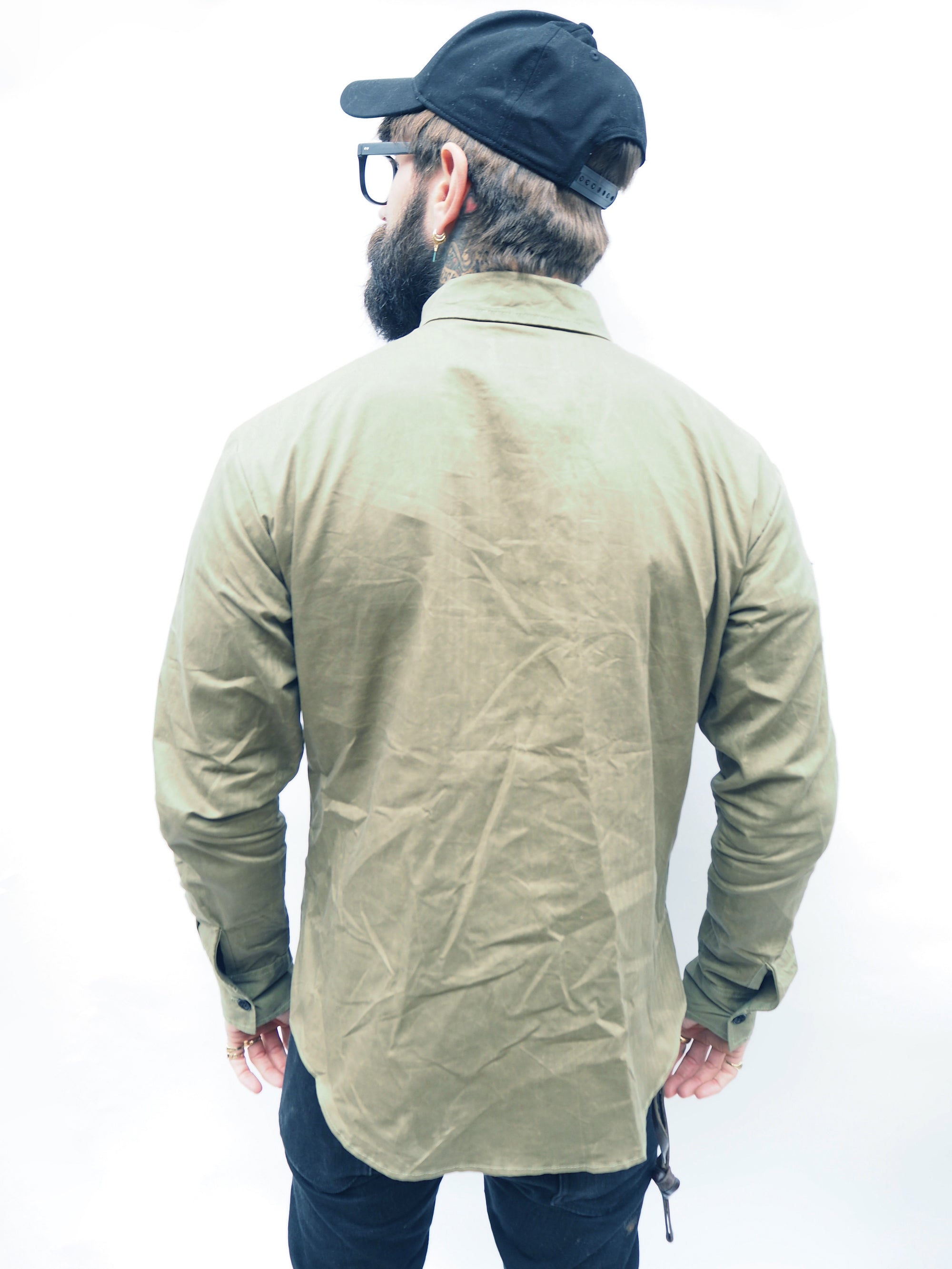 English Prison Patch Long Sleeve shirt - Light Olive herringbone