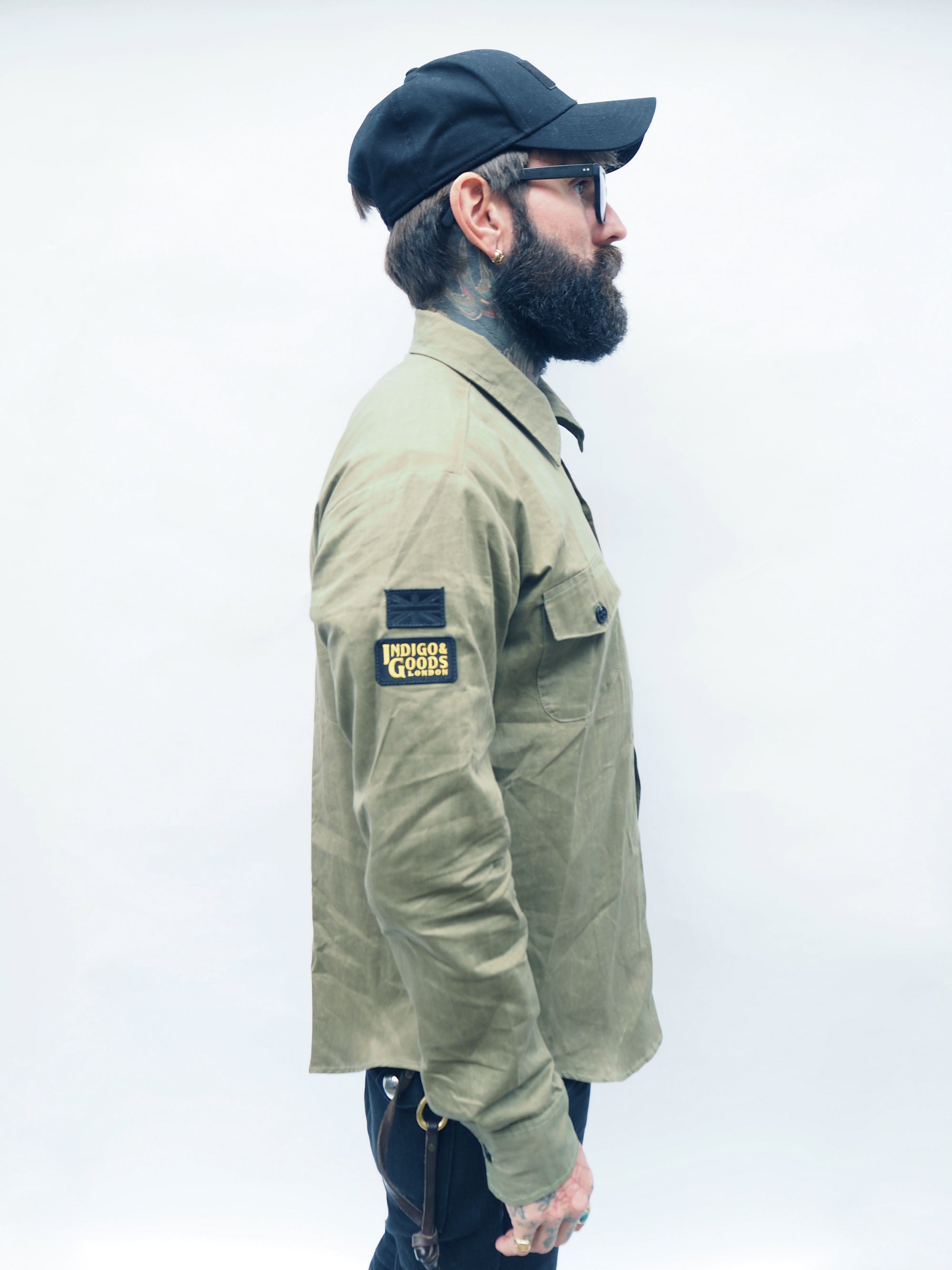 English Prison Patch Long Sleeve shirt - Light Olive herringbone