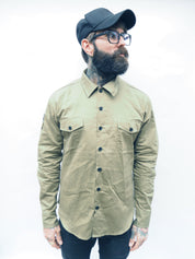 English Prison Patch Long Sleeve shirt - Light Olive herringbone