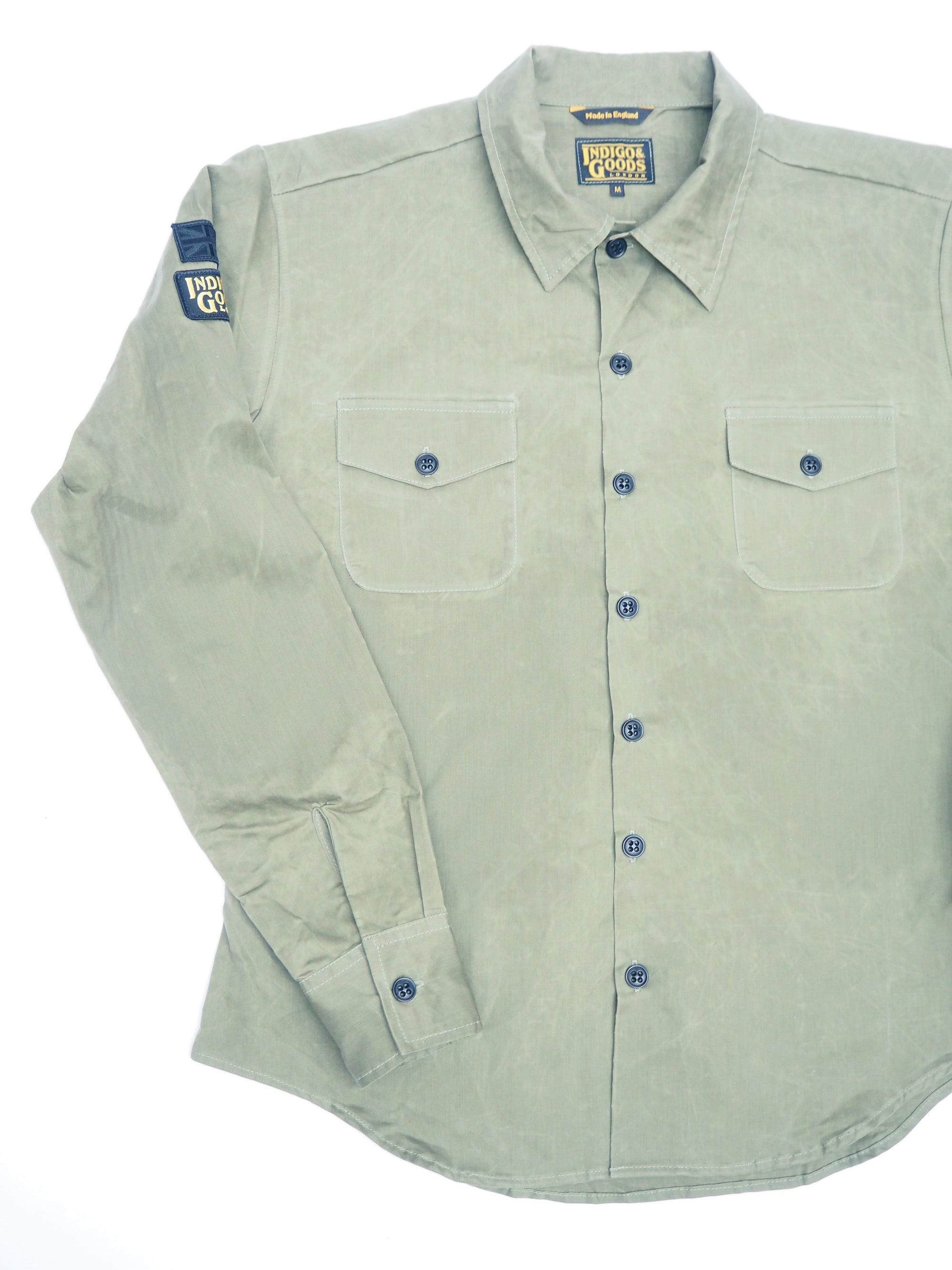 English Prison Patch Long Sleeve shirt - Light Olive herringbone